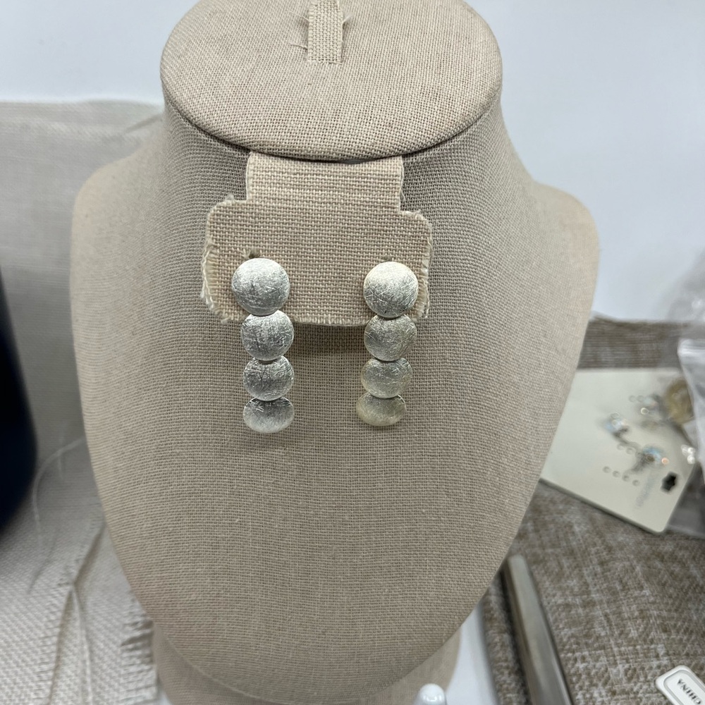 Vintage Brushed Satin Disc Sterling Silver 925 Dangle Stud Earrings - Picture 12 of 16